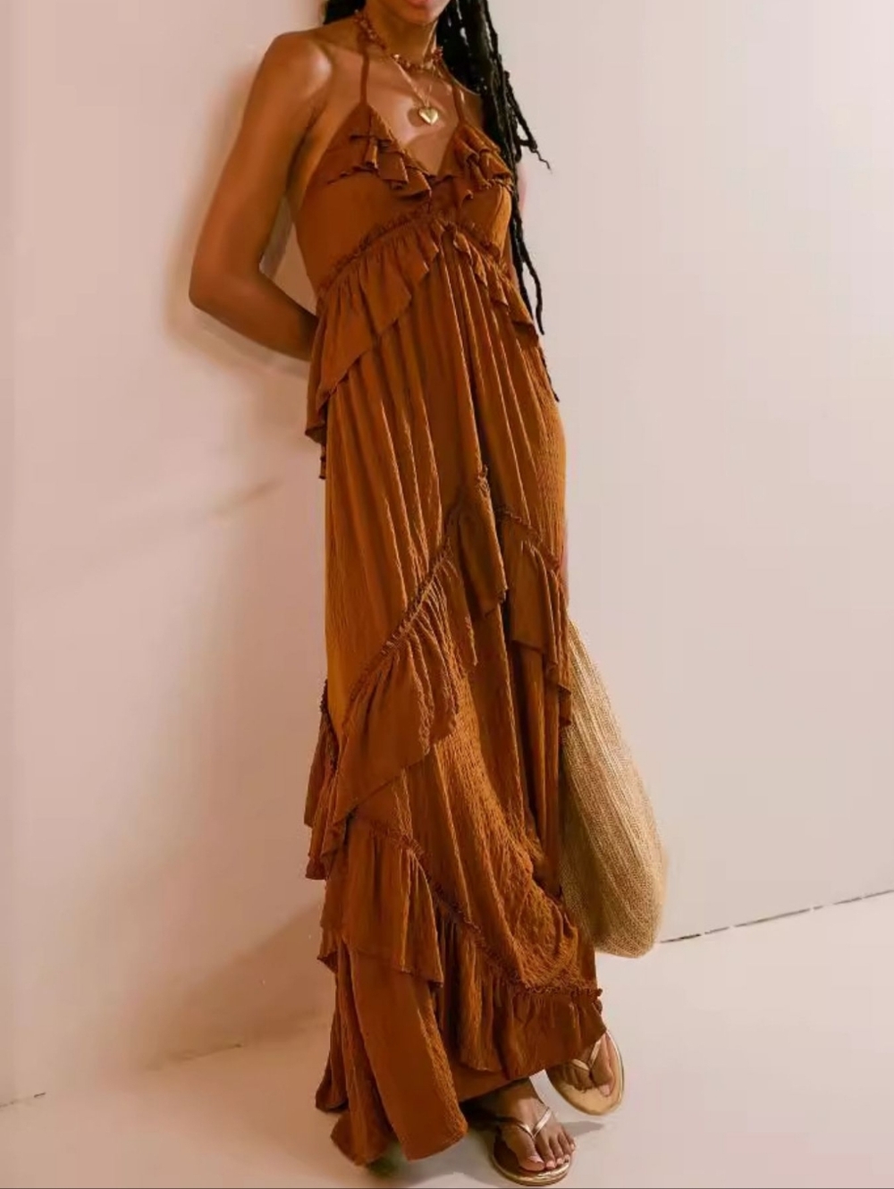 six eight ten Rust Brown Ruffle Halter Maxi Dress